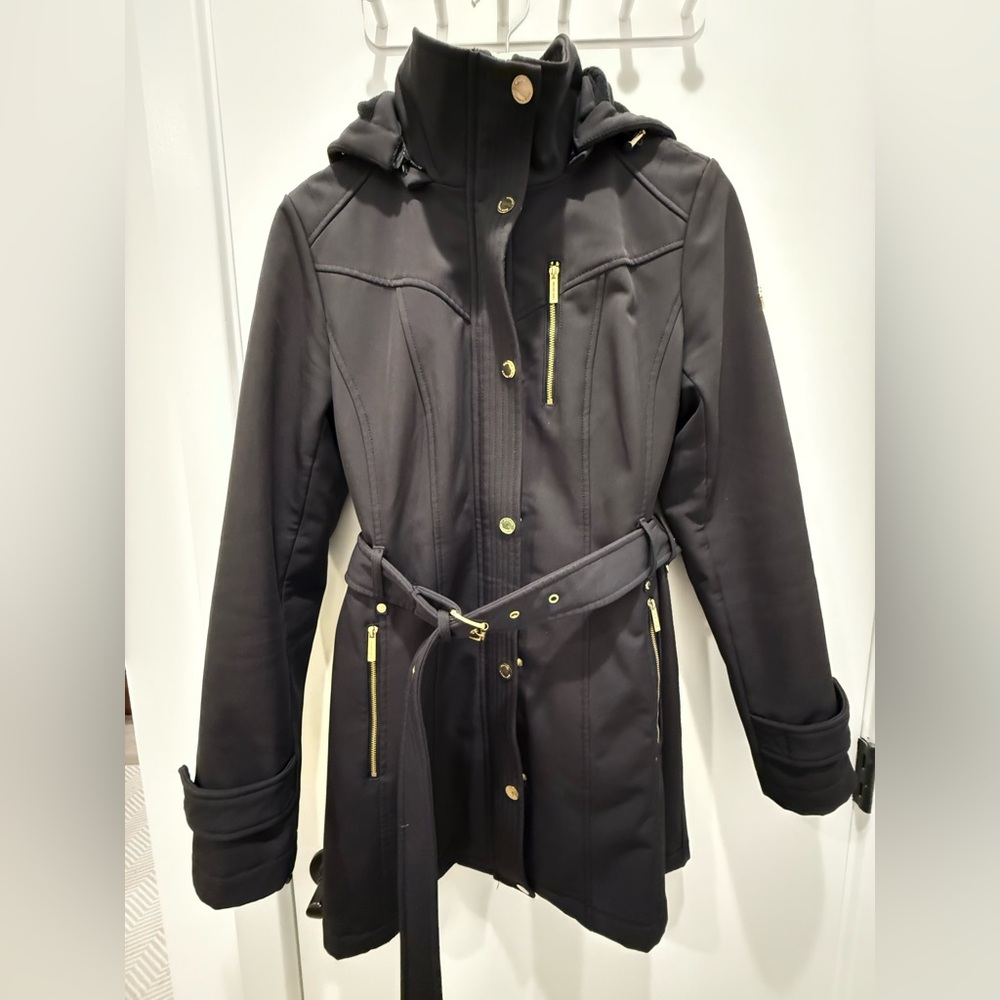 Michael Kors Navy Hooded Anorak Soft shell Coat with Gold Accents